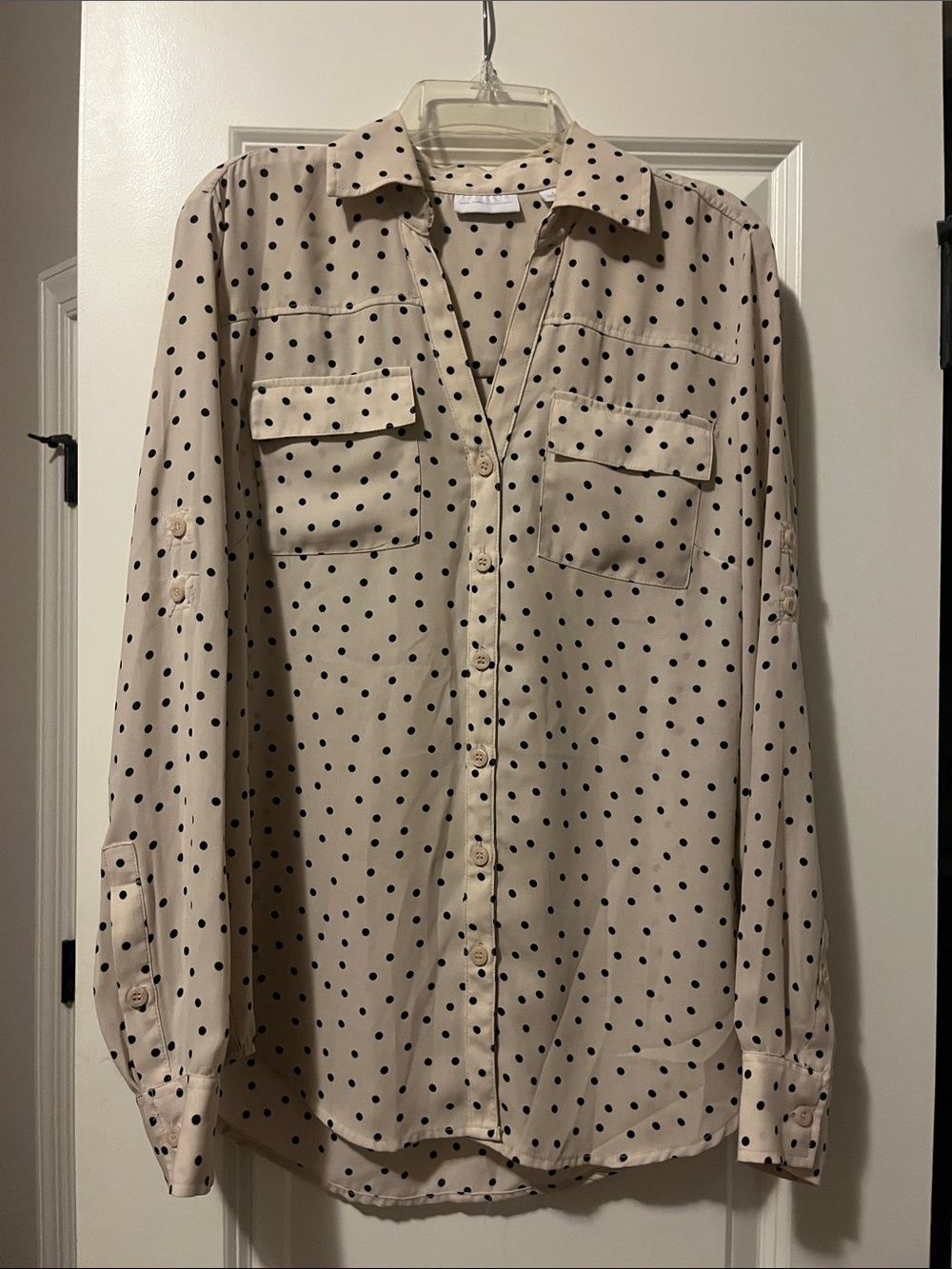 New York & Company Beige Shirt with Black Polka Dots